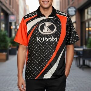 📌Kubota Men’s Button-Up Racing Work Shirt Black Orange Large